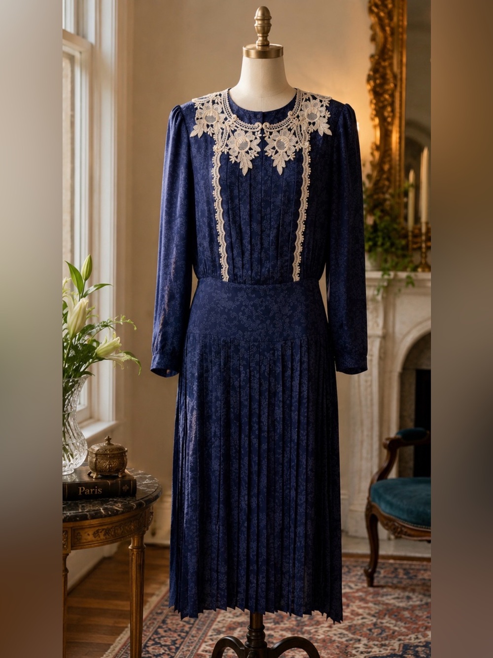 Vintage Scott McClintock Navy Lace Pleated Midi Dress Cottagecore Victorian - Picture 7 of 7